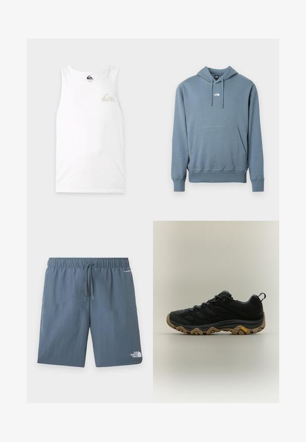 Blå hættetrøje med front-kængurulomme og lille hvid The North Face-logo centreret på brystet.; Hvid ærmeløs tank top med et lille gråt og beige Quiksilver-logo på venstre bryst og label inde i nakken.; Blå shorts med elastisk talje og snøre, The North Face logo på venstre ben og teksten "FLASHDRY" nær højre lomme.; Sort vandresko med brun tekstureret Vibram-sål og trækflig på hælen, vist i sideprofil på neutral baggrund.