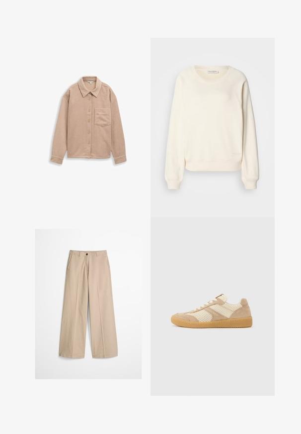 Sweatshirt in crèmekleurige zachte stof, met raglanmouwen, geribbelde manchetten en zoom, en een subtiel logo aan de onderkant.; Beige corduroy overhemdjack met een kraag, een sluiting met vijf knopen en een enkele borstzak. Zachte textuur met verticale ribbels.; Beige wijde pijpen broek met een voorvouw, riemlussen, knoopsluiting en een klein stoffen label aan de rechterkant van de tailleband.; Beige en crème lage sneaker met mesh- en suède panelen, witte veters en een zool van gumrubber, zijaanzicht op een effen achtergrond.