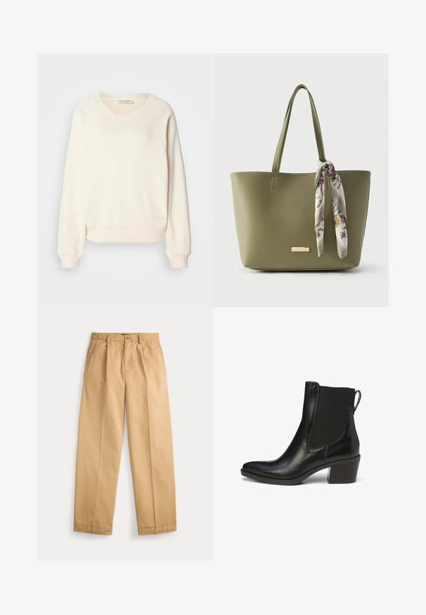 Sweat-shirt de couleur crème en tissu doux, avec manches raglan, poignets et ourlet côtelés, et un logo subtil au bas.; Pantalon beige à jambes droites avec fermeture par bouton et zip, poches avant, passants pour ceinture et plis marqués le long des jambes.; Bottine en cuir noir avec des panneaux latéraux élastiques, bout pointu et talon bloc. Elle possède une tirette pour un enfilage facile.; Sac cabas vert olive avec double poignées et une écharpe à motif floral attachée à une poignée.