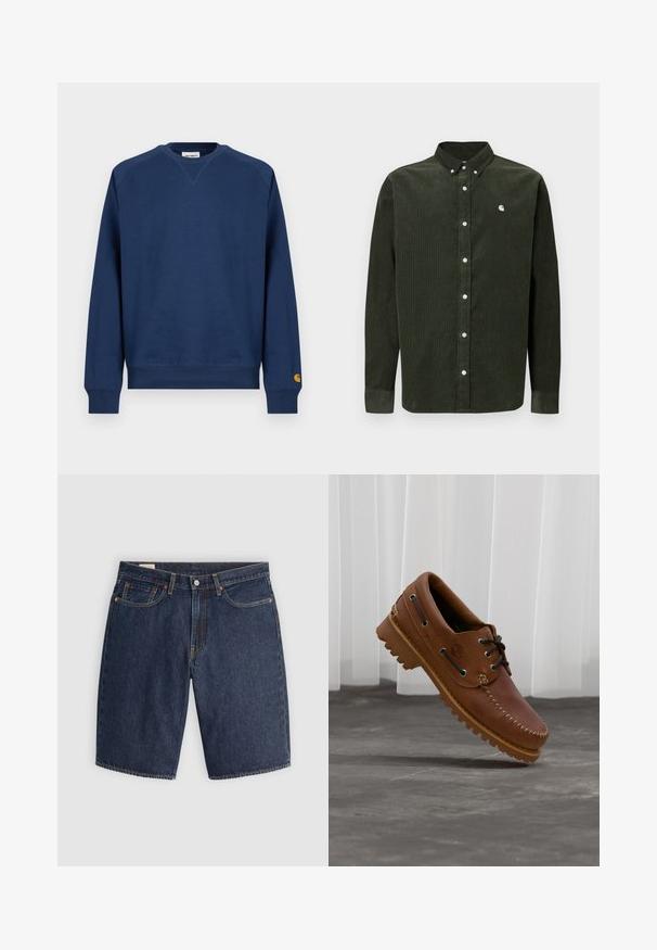 Sudadera azul marino con cuello redondo, puños y dobladillo acanalados. Presenta un pequeño parche con logo en la manga izquierda. Está confeccionada con tela suave.; Camisa de pana verde oscuro de manga larga con cuello abotonado, botones blancos y pequeño detalle de logo en el pecho izquierdo.; Pantalones cortos de mezclilla en azul oscuro, con un diseño clásico que incluye cinco bolsillos, costuras cosidas, cierre de botón y bolsillos traseros curvados.; Zapato náutico de cuero marrón con cordones negros, costuras beige y una suela resistente, suspendido sobre un suelo de hormigón gris.