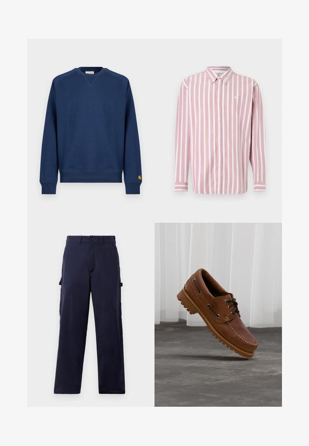 Mørkeblå sweatshirt med rund hals, ribstrikkede manchetter og kant. Har et lille logopatch på venstre ærme. Fremstillet af blødt stof.; Stribet skjorte med knapper i pink og hvid. Har krave, lange ærmer og et lille logo. Fremstillet af vævet stof.; Mørkeblå straight-leg bukser med bæltestropper, front knappetryk og sidelommer til redskaber, præsenteret mod en hvid baggrund.; Brun læder bådsko med sorte snørebånd, beige syninger og en robust sål, hængende over en grå betongulv.