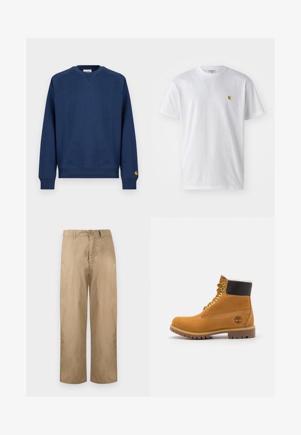 Sweat-shirt bleu marine à col rond, avec poignets et ourlet côtelés. Présente un petit écusson logo sur la manche gauche. Confectionné en tissu doux.; T-shirt en coton blanc à manches courtes, col rond, avec un petit logo doré sur la poitrine gauche. Texture douce et coupe régulière.; Pantalons beige à jambes droites avec passants pour ceinture, fermeture par bouton et braguette zippée, présentés sur un fond clair uni.; Bottine en cuir brun avec œillets en métal, doublure en fourrure blanche, col rembourré noir, semelle robuste et logo en relief sur le côté.