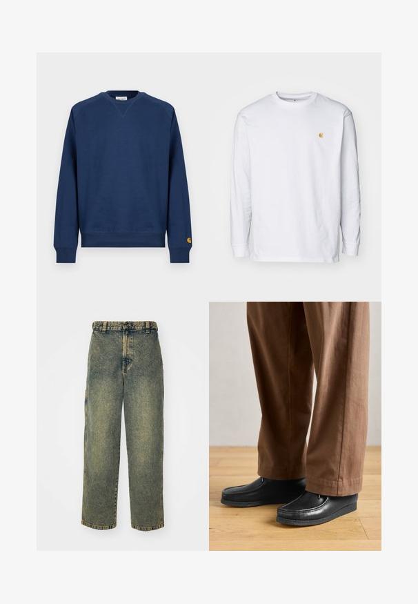 Marineblauer Pullover mit Rundhalsausschnitt, gerippten Bündchen und Saum. Mit einem kleinen Logoaufnäher am linken Ärmel. Aus weichem Stoff gefertigt.; Weißes Langarm-T-Shirt aus Baumwolle. Mit kleinem goldenem Logo auf der Brust und Rundhalsausschnitt. Einfaches Design und normale Passform.; Baggy-Jeans aus Denim in einer verblassten Blauen und Grünen Waschung. Mit Knopfverschluss, Gürtelschlaufen und Seitentaschen. Flaches Vorderteil und gerades Bein-Design.; Schwarze Lederschuhe im Mokassinstil mit genähten Details, kombiniert mit braunen Hosen, auf einem Holzboden.