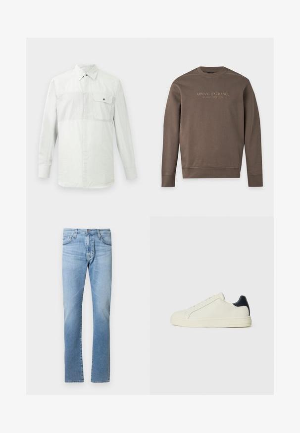 Hnedá mikina s dlhým rukávom a okrúhlym výstrihom s potlačou "Armani Exchange Milano / New York" na hrudi.; Biele dlhé rukávy košeľa na gombíky s jemnými vertikálnymi pruhmi a jedným gombíkovým vreckom na hrudi na ľavej strane.; Svetlomodré džínsové nohavice s rovný strihom, dizajnom s piatimi vreckami a zapínaním na gombík v páse. Hladká textúra s jemným vyblednutím.; Biele kožené tenisky s námorníckym koženým akcentom na päte, okrúhlym špičkou, plochou gumovou podrážkou a šnurovaním so šiestimi očkami.