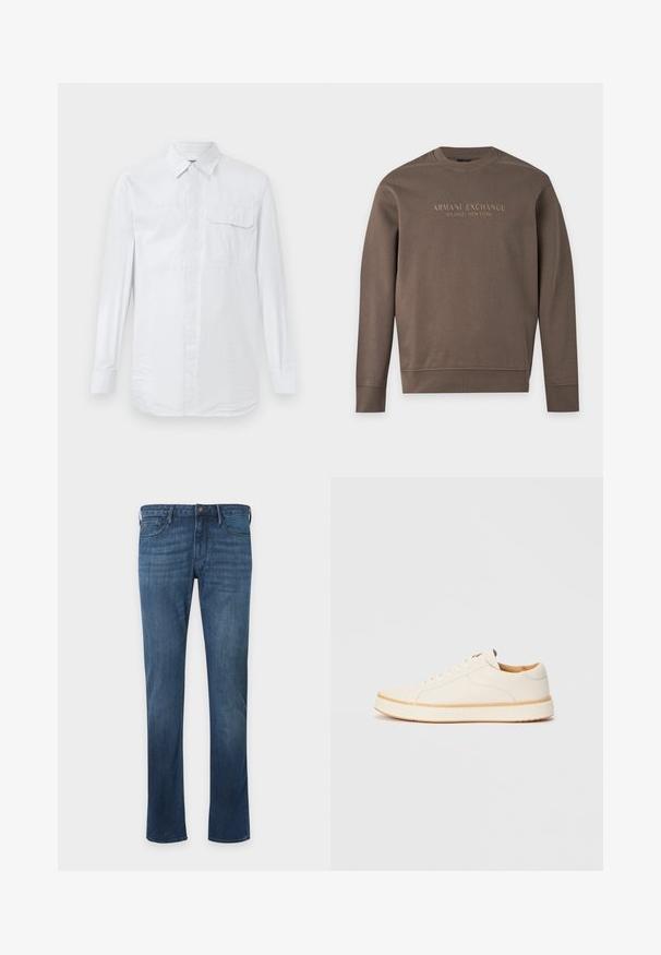 Bruine trui met lange mouwen en ronde hals met "Armani Exchange Milano / New York" bedrukt over de borst.; Witte langslachtige overhemd met subtiele verticale strepen, borstzak met knoopflap en een klassieke kraag op een effen achtergrond.; Blauwe rechte denim jeans met voorzakken, riemlussen en een knoopsluiting, getoond op een effen lichte achtergrond.; Witte leren sneaker met een ronde neus, eenvoudig vetersluiting ontwerp, gevoerde binnenzool en een contrasterende tan rubberen zool. Zachte textuur overal.