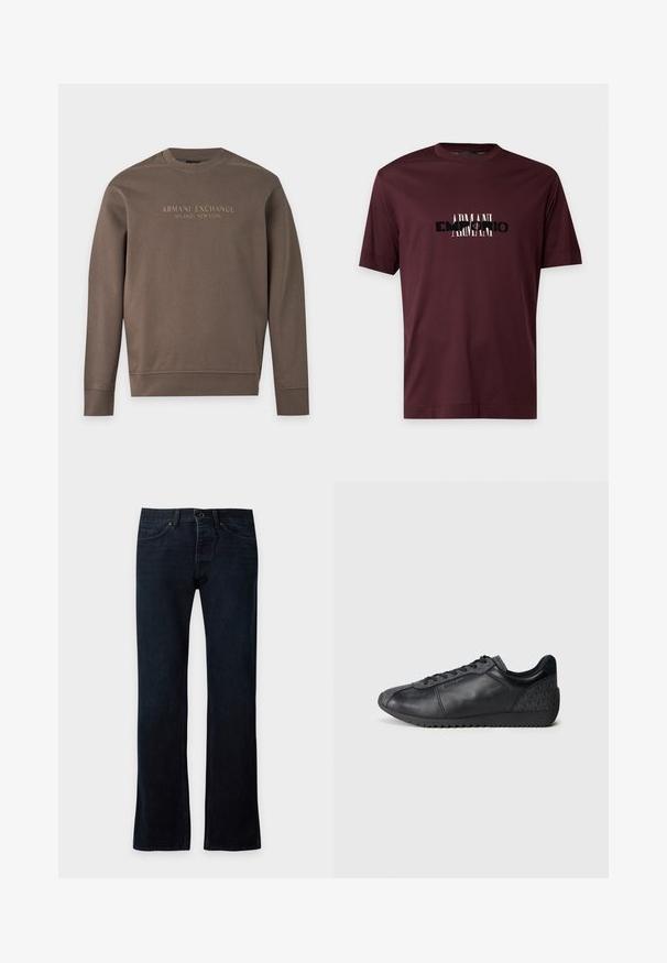 Sweat-shirt marron à manches longues avec col rond, imprimé de "Armani Exchange Milano / New York" sur la poitrine.; T-shirt manches courtes bordeaux foncé avec logo texte "Armani" superposé en noir et blanc au centre devant.; Jean denim bleu foncé droit avec fermeture bouton et zip à l'avant, poches avant et arrière, présenté à plat sur un fond clair.; Baskets noires en cuir avec un panneau en tissu texturé, forme arrondie, fermeture à lacets à l'avant, et une semelle en caoutchouc avec un motif en zigzag.
