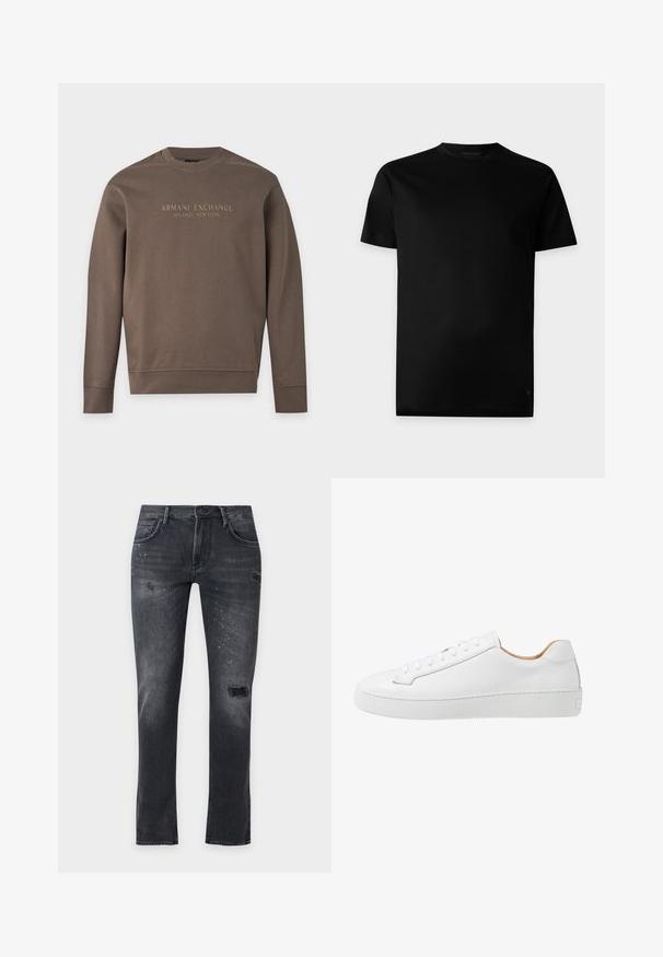 Brun sweatshirt med lange ærmer og rund hals med teksten "Armani Exchange Milano / New York" trykt over brystet.; Enkelt sort t-shirt med kort ærme og rund hals, vist forfra på en lysegrå baggrund.; Sorte slim fit jeans med slidte huller og hvide malingstænk, med for- og baglommer samt bæltestropper.; Hvide lædersneakers med en glat overflade, afrundet tå, flad snørebåndsdesign og en tyk gummisål med et struktureret grebmønster.