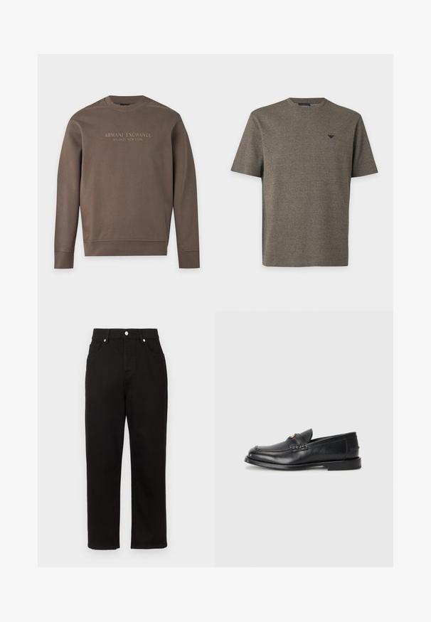 Sweat-shirt marron à manches longues avec col rond, imprimé de "Armani Exchange Milano / New York" sur la poitrine.; T-shirt homme manches courtes col rond en vert olive texturé avec petit logo noir sur la poitrine gauche.; Pantalon en denim noir avec une coupe droite, présentant une taille haute, des poches frontales et des garnitures en métal argenté au niveau de la ceinture.; Des mocassins en cuir noir présentent un bout arrondi, des détails cousus et un petit accent doré à l'avant. La semelle est plate et discrète.
