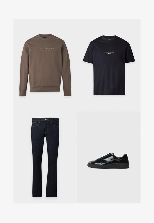 Sweat-shirt marron à manches longues avec col rond, imprimé de "Armani Exchange Milano / New York" sur la poitrine.; T-shirt noir à manches courtes avec col rond, texte "EMPORIO ARMANI MILANO" centré sur la poitrine en petite police blanche.; Jean droit de couleur indigo foncé avec bouton frontal, fermeture éclair, design à cinq poches et détails de couture orange subtil.; Baskets en cuir verni noir avec un bout arrondi, un laçage, une semelle en caoutchouc texturé et une finition lisse.