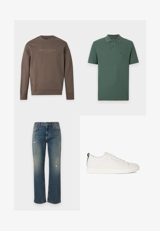 Bruine trui met lange mouwen en ronde hals met "Armani Exchange Milano / New York" bedrukt over de borst.; Groen poloshirt van katoen, met een kraag, korte mouwen, een drieknopensluiting en een klein reliëflogo op de borst.; Spijkerbroeken in medium blauw met een rechte snit, met lichte vervaging en versleten stukken. Klassiek vijf-pocket ontwerp en sluiting met bovenste knoop.; Witte leren sneaker met een ronde neus, vlakke rubberen zool en tonale stiksels. Voorzien van een vetersluiting aan de voorkant en een zwarte lip om de hiel.