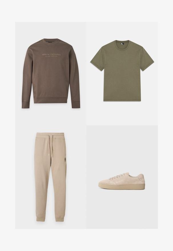 Sweat-shirt marron à manches longues avec col rond, imprimé de "Armani Exchange Milano / New York" sur la poitrine.; T-shirt en coton olive, manches courtes, encolure arrondie, coupe droite, texture douce, sans motifs, design minimaliste, étiquette à l'intérieur de l'encolure.; Pantalon de jogging beige en mélange de coton doux, doté d'une taille élastique avec cordons de serrage et de poches latérales. Petite étiquette logo sur la hanche.; Baskets en daim beige avec un bout rond, des lacets plats et une semelle en caoutchouc texturé. Design minimaliste avec des bords lisses et des coutures discrètes.