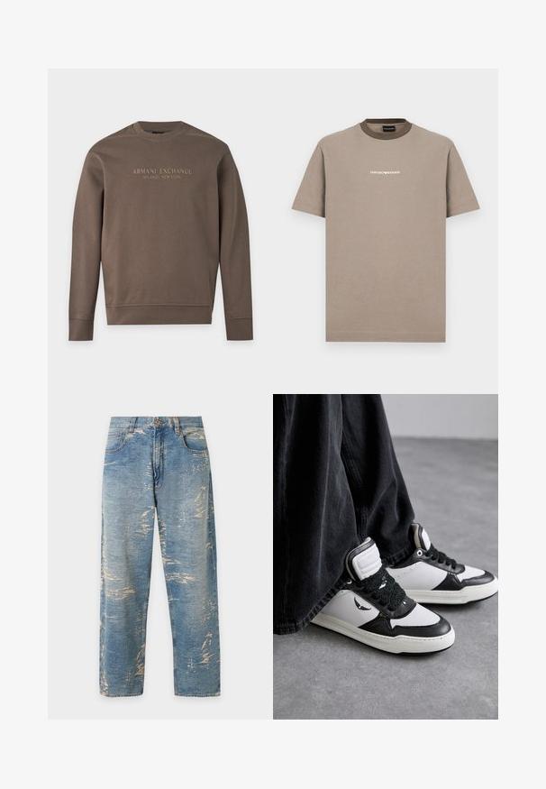 Bruine trui met lange mouwen en ronde hals met "Armani Exchange Milano / New York" bedrukt over de borst.; Bruin katoenen T-shirt met korte mouwen en een ronde hals. Voorzien van een contrasterende donkerbruine halslijn en een witte "EMPORIO ARMANI"-logo.; Lichtblauwe rechtvallende spijkerbroek met een hoge taille en vervaagde, versleten details over de hele stof.; Zwart-witte hoge sneakers met een gestructureerde zwarte vetersluiting, gemaakt van leer en synthetisch materiaal, met een logo aan de zijkant.