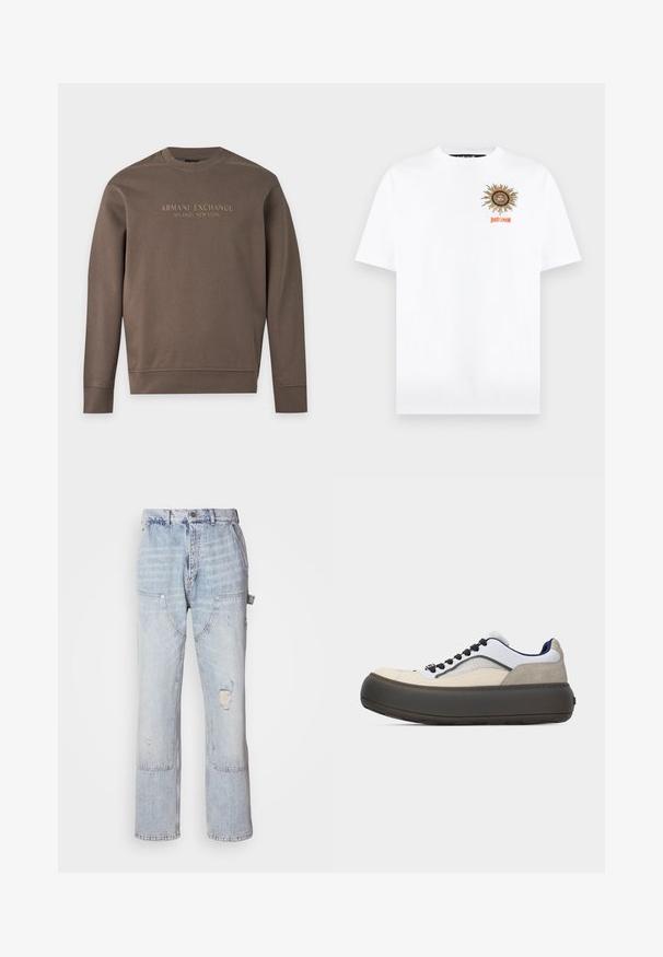 Bruine trui met lange mouwen en ronde hals met "Armani Exchange Milano / New York" bedrukt over de borst.; Wit T-shirt met korte mouwen met een zonafbeelding en de tekst "just cavalli" in oranje op de linkerbovenborst.; Lichtblauwe denim carpenter jeans met meerdere zakken, een voorste knoop, ritssluiting en een versleten detail op de rechterdij.; Lage sneaker met dikke donkere zool, wit bovenwerk met beige en grijs suède accenten, zwarte veters en een marineblauwe binnenvoering.