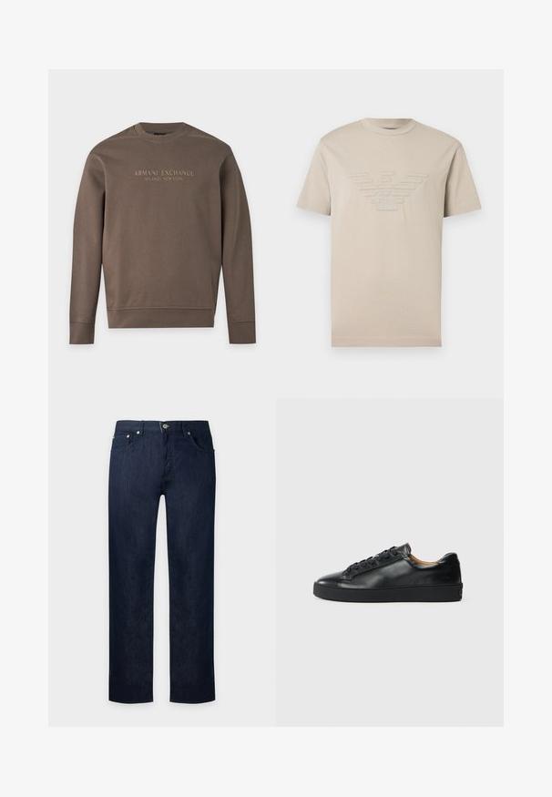 Sudadera marrón de manga larga con cuello redondo con "Armani Exchange Milano / New York" impreso en el pecho.; Camiseta beige de manga corta con un logo de águila bordado y las iniciales "GA" centradas en el pecho.; Vaqueros de mezclilla azul oscuro de pierna recta con botón frontal y diseño de cinco bolsillos, mostrados sobre un fondo claro y sencillo.; Zapatilla negra de cuero con una textura suave, puntera redonda y cierre de cordones. Presenta una suela de goma gruesa y un detalle de marca mínimo.