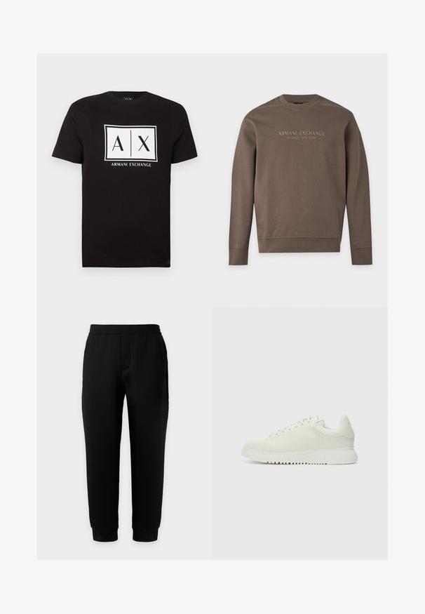 Sweat-shirt marron à manches longues avec col rond, imprimé de "Armani Exchange Milano / New York" sur la poitrine.; T-shirt noir à manches courtes avec un logo rectangulaire blanc affichant "A | X" et le texte "Armani Exchange" centré sur la poitrine.; Pantalon de jogging noir ajusté avec taille et poignets élastiques, poches latérales et logo discret sur la cuisse droite sur fond uni.; Baskets blanches en cuir avec un dessus texturé, bout rond, semelle plate blanche et lacets ton sur ton. Marque discrète sur la languette.