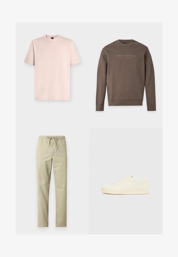 Sweat-shirt marron à manches longues avec col rond, imprimé de "Armani Exchange Milano / New York" sur la poitrine.; T-shirt rose clair à manches courtes et col rond avec petit logo blanc BOSS centré sur la poitrine sur fond uni.; Pantalon beige clair avec une ceinture élastique et un cordon de serrage. Fabriqué en tissu doux, doté de jambes droites et sans poches ni motifs.; Baskets couleur crème avec une tige en cuir lisse, bout arrondi, laçage à l'avant et semelle en caoutchouc texturée. Design minimaliste, sans logo.