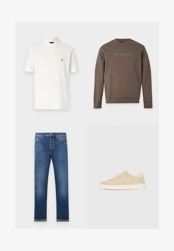 Pruun pikkade varrukatega ümar kaelusega dressipluus, millel on rinnal trükitud "Armani Exchange Milano / New York".; Valge polo särk, mis on valmistatud puuvillast, kahe nupuga krae, lühikeste varrukatega ja vasakul rinnal on väike pruun tikand.; Meeste sirgelõikelised sinised teksapüksid, millel on nupuga sulgur, viiepunktiline disain ja ümardatud sääred valgel taustal.; Beige sametist tennisjalats valge tallaga ja nööridega, madala juhtimisega disain ja laineline mustripind tallal.