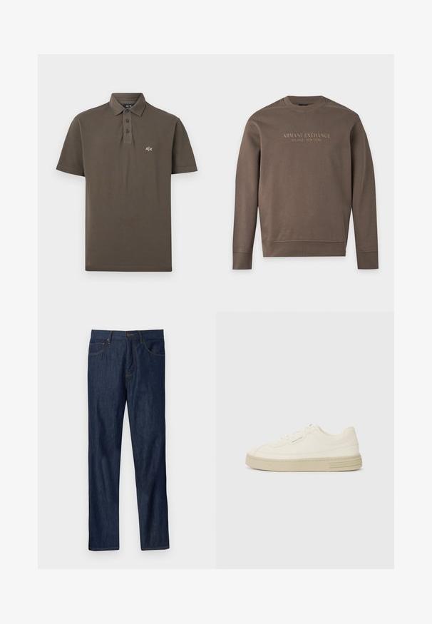 Sweat-shirt marron à manches longues avec col rond, imprimé de "Armani Exchange Milano / New York" sur la poitrine.; Polo marron à manches courtes avec trois boutons noirs et petit logo blanc A|X sur la poitrine gauche.; Jean droit en denim bleu foncé avec poches avant, passants pour ceinture et fermeture par bouton sur un fond gris clair.; Baskets en toile blanches avec une semelle en caoutchouc texturée, présentant un capuchon de chaussure cousu et un accent de logo sur le talon. Design simple à lacets.
