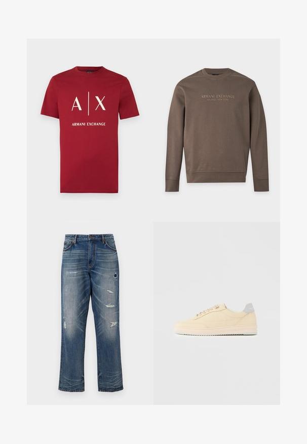 Sweat-shirt marron à manches longues avec col rond, imprimé de "Armani Exchange Milano / New York" sur la poitrine.; T-shirt rouge à manches courtes avec col rond, logo blanc "A | X" et texte "ARMANI EXCHANGE" centrés sur le devant.; Jeans en denim bleu avec une coupe décontractée, comprenant des patchs usés et un délavage. Ils possèdent des poches classiques et des coutures apparentes.; Baskets basses beige à lacets, semelle rose clair et languette grise à l'arrière marquée "Filling Pieces", vues de profil sur fond uni.