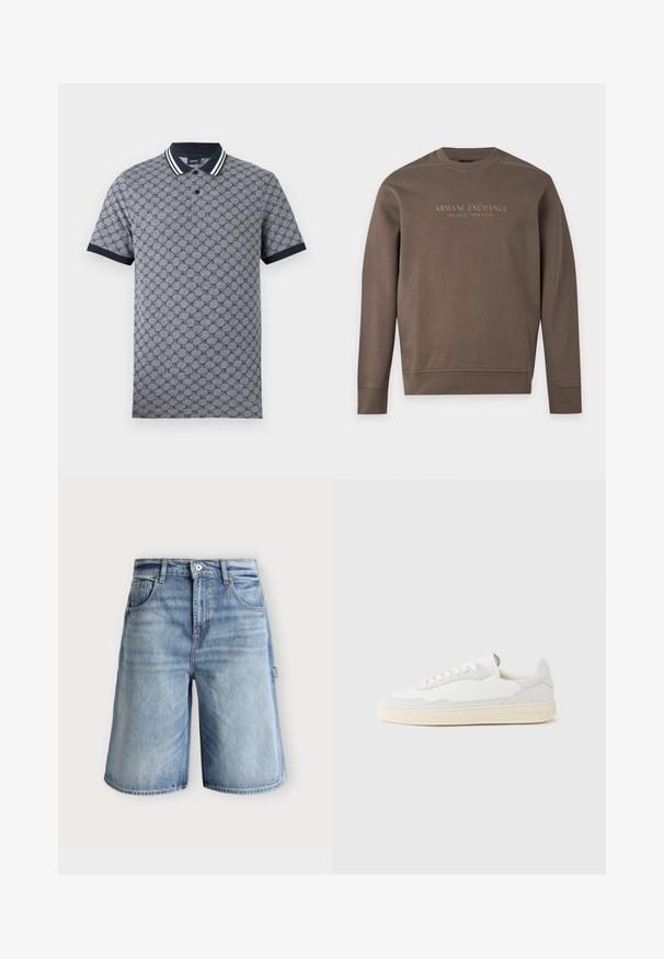 Sweat-shirt marron à manches longues avec col rond, imprimé de "Armani Exchange Milano / New York" sur la poitrine.; Polo gris avec motif géométrique foncé, col et bords de manches noirs, patte de boutonnage à deux boutons, étiquette de la marque à l'intérieur du col.; Short en denim bleu clair avec poches devant, passants pour ceinture, fermeture par boutons et détail d'une boucle latérale sur fond neutre.; Baskets blanches avec dessus en daim et cuir texturé. Caractérisées par un bout arrondi, une fermeture à lacets et une semelle en caoutchouc beige contrastante.