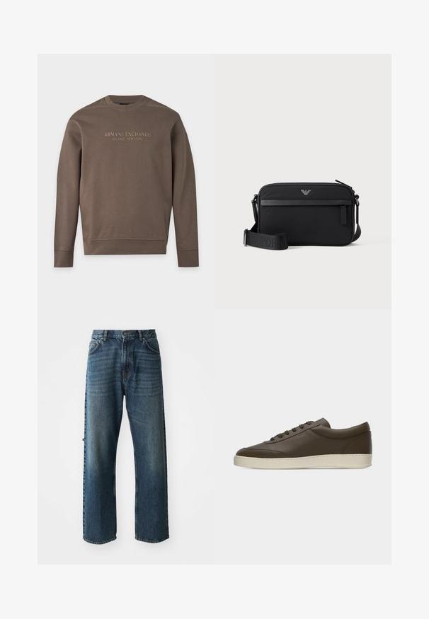 Sweat-shirt marron à manches longues avec col rond, imprimé de "Armani Exchange Milano / New York" sur la poitrine.; NN.07 OTIS - Jean droit - stonewashed; Baskets basses en cuir marron foncé avec lacets sur le devant et semelle en caoutchouc couleur crème, vues de côté extérieur sur fond blanc.; Sac bandoulière rectangulaire noir avec poche avant zippée, sangle réglable et petit logo métallique en haut au centre.