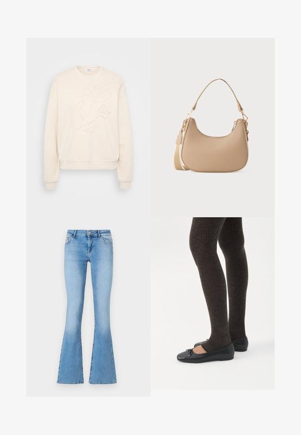 Cremet sweatshirt med en afslappet pasform, der har en ton-i-ton rosenbroderi på fronten, ribbestrik på ærmerne og kanten for ekstra struktur.; Lysblå flagrende jeans lavet af denim med midt-høj talje, med forlommer og syninger langs sømme og kanter.; Ben iført mørke ribbede leggings kombineret med sorte balletsko med små sløjfedetaljer på hvid baggrund.; Lille beige skuldertaske med buet top, aftagelig lang rem og guldfarvede spænder mod en plain hvid baggrund.