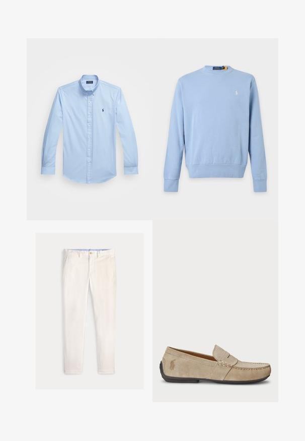 Svetlomodrá mikina s dlhým rukávom a okrúhlym výstrihom s malým bielym logom Polo Ralph Lauren na ľavej strane hrudníka.; Svetlomodrá košeľa na gombíky vyrobená z bavlny s dlhými rukávmi, špicatým golierom a vyšitým logom na ľavej hrudi. Plosky predný dizajn.; Pánske štíhle nohavice slonovinovej farby s prednými vreckami, pútkami na opasok a zapínaním na gombík na jednofarebnom pozadí.; Béžové semišové mokasíny s prešívaním, plochou gumenou podrážkou a malým logom na strane. Klasický dizajn na obúvanie, mäkká textúra.