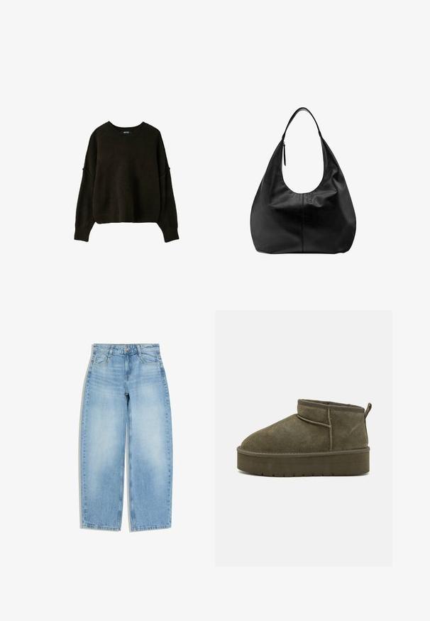 Sort strikket langærmet sweater med rund halsudskæring og ribbet ærmekant og nederkant, vist på ensfarvet hvid baggrund.; Lyseblå jeans med vide bukseben, forlommer, bæltestropper og knaplukning på hvid baggrund.; Olivengrøn ruskind ankelstøvler med rund tå, syninger og en tykkere sål med struktureret mønster. Lille trækflap bagpå.; Sort læder slouchy hobo-håndtaske med en enkelt bred rem og en lynlåsdetalje på en ensfarvet hvid baggrund.