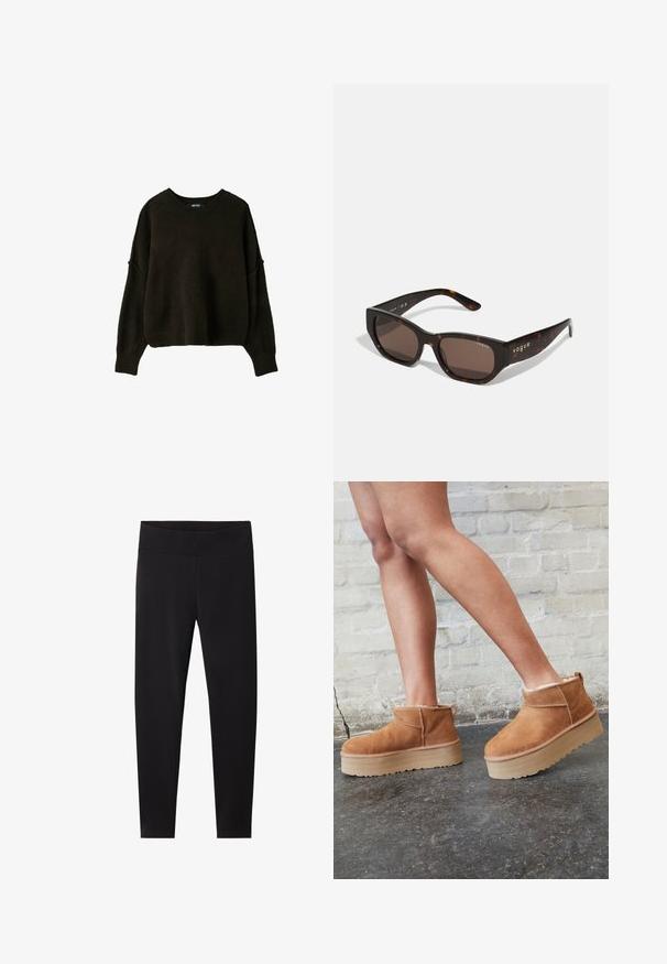 Sort strikket langærmet sweater med rund halsudskæring og ribbet ærmekant og nederkant, vist på ensfarvet hvid baggrund.; Sorte leggings med en bred, elastisk talje. Fremstillet af et glat, strækbart materiale, skræddersyet til en tætsiddende silhuet uden synlige mønstre.; Brune ruskinds ankelsko med en blød foring, tyk beige plattformsål og en bageste løkke. Tekstureret overflade med synlige sømdetaljer.; Skildpaddemønstrede solbriller med rektangulære brune linser. Den glatte plastikramme har guld "vogue" branding på siden.