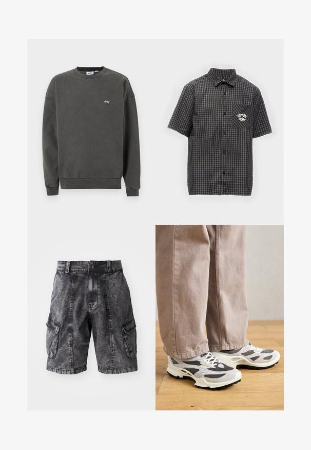 Donkergrijze crewneck sweater met klein wit "obey" logo op de linkerborst, geribbelde boorden en zoom, en een comfortabele pasvorm.; Overhemd met korte mouwen en knopen, zwart-grijs geruit patroon en klein logo op het linker borstzakje.; Zwarte denim cargo shorts met een vervaagde textuur, twee zijzakken en een knoopsluiting. Kniehoogte met verstevigde stiksels.; Persoon in beige wijde broek en grijs-witte sport sneakers staat op houten vloer.