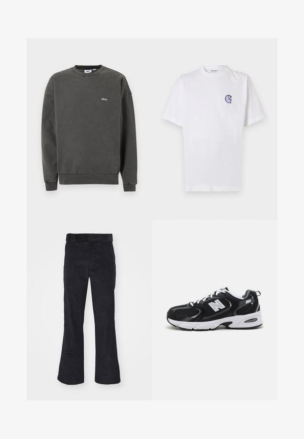 Sudadera de cuello redondo gris oscuro con pequeño logo blanco "obey" en el pecho izquierdo, puños y dobladillo acanalados, y un corte holgado.; Camiseta blanca de algodón con mangas cortas, cuello redondo y un pequeño logo azul bordado en forma de "C" en el área del pecho izquierdo.; Pantalones de pana negros con un corte relajado, que presentan una cinturilla clásica y piernas acampanadas, textura suave y sin patrones o acentos visibles.; Zapatillas deportivas en negro y gris con parte superior de malla y ante, que cuentan con una entresuela blanca, cordones y un llamativo logo "N" en el lateral.