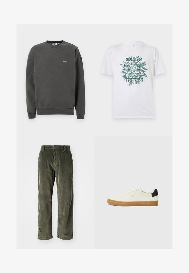 Sudadera de cuello redondo gris oscuro con pequeño logo blanco "obey" en el pecho izquierdo, puños y dobladillo acanalados, y un corte holgado.; Camiseta blanca de manga corta con gráfico verde de múltiples ojos alrededor de un globo terráqueo, texto "EARTH TRIPPER" y "VOLCOM STONE" en el frente.; Pantalones de pana color verde oliva con acanalado vertical, que presentan un cierre de botón y un diseño de pierna recta. Textura suave con un ajuste clásico.; Zapatilla de lona blanca con suela de goma, acento negro en el talón, punta redonda y diseño con cordones. Presenta el logo de la marca en dorado en el lateral.