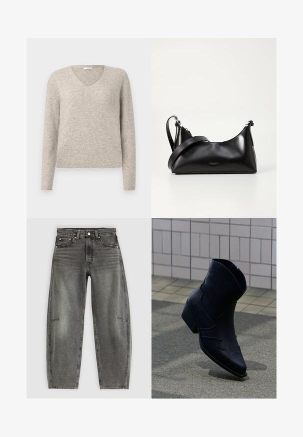 Beige geribbelde knit sweater met lange mouwen en een V-halskraag, weergegeven op een effen lichte achtergrond.; Hoge taille grijs gewassen denim jeans met vijf zakken, knoopsluiting en een ontspannen rechte pasvorm.; Zwarte leren enkellaars met lage hak, decoratieve stiksels en puntige neus, rechtop geplaatst op een betegelde ondergrond naast een betegelde muur.; Zwarte leren handtas met een gladde textuur. Beschikt over een verstelbare schouderband en een strak, minimalistisch ontwerp met een ritssluiting.