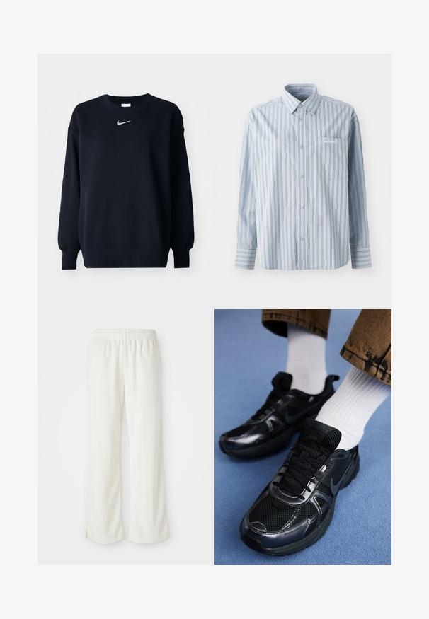 Sort sweatshirt lavet af bomuldsblanding; ribbet rund hals, lange ærmer og elastiske manchetter; har et lille sølvfarvet Nike-logo på brystet.; Lyseblå langærmet skjorte med knaplukning, hvide og mørke lodrette striber og en brystlomme med hvid skriftbroderi.; Cremefarvede bukser med bred ben-design, lavet af letvægtsmateriale, med lodrette striber og en elastisk talje.; Sorte Nike-sneakers med mesh og syntetisk materiale, der har en struktureret overdel, sorte snørebånd og holdbare gummisåler. Hvide ribstrikkede sokker er synlige.