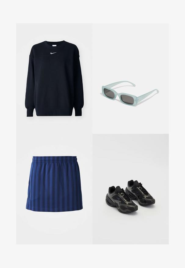 Sort sweatshirt lavet af bomuldsblanding; ribbet rund hals, lange ærmer og elastiske manchetter; har et lille sølvfarvet Nike-logo på brystet.; Mørkeblå nederdel med lodrette striber, elastisk talje, længde til midten af låret, lavet af letvægtsstof, glat tekstur.; Sorte sportssko lavet af syntetisk materiale med mesh-detaljer og afrundede såler. Har snørresystem og fremtrædende Nike-logo på tungen.; Et par rektangulære solbriller med lyseblå gennemsigtige stel og mørkegrå linser, der har lige templer og minimale hardware detaljer.