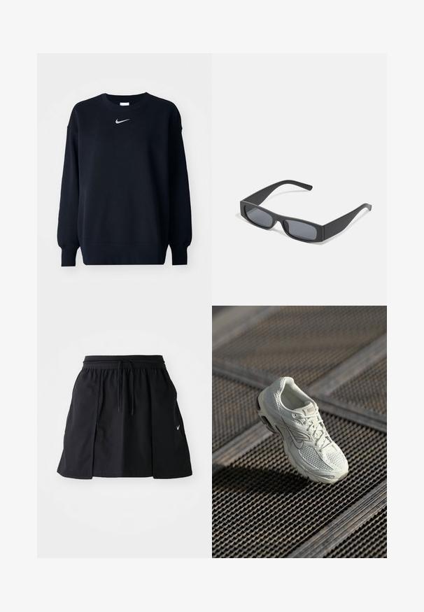 Sudadera negra hecha de una mezcla de algodón; cuello redondo ribeteado, mangas largas y puños elásticos; presenta un pequeño logo plateado de Nike en el pecho.; Falda deportiva negra con cinturilla elástica y cordón ajustable. Presenta aberturas laterales, tejido ligero y un pequeño logo en el dobladillo.; Zapatilla de running blanca de Nike con parte superior de malla y sintético, descansando sobre un suelo de rejilla metálica con luz natural suave.; Gafas de sol negras rectangulares con lentes oscuros y montura gruesa mate. Las varillas son ligeramente cónicas con una textura suave.