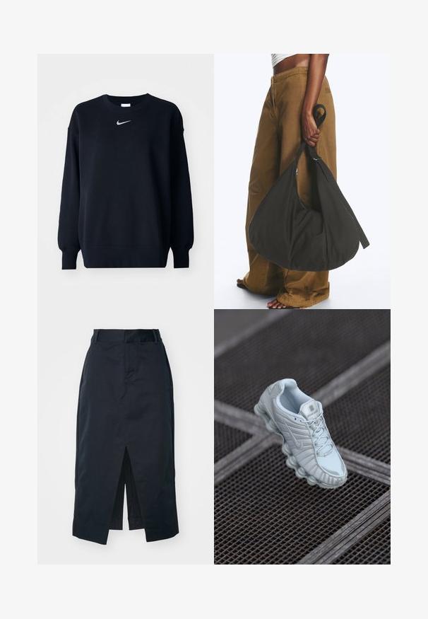 Sudadera negra hecha de una mezcla de algodón; cuello redondo ribeteado, mangas largas y puños elásticos; presenta un pequeño logo plateado de Nike en el pecho.; Falda midi en azul marino oscuro, confeccionada con una mezcla de algodón, que presenta una abertura frontal, cremallera oculta y bolsillos laterales para mayor funcionalidad.; Zapatilla deportiva de color azul claro con una parte superior texturizada, que presenta una suela redondeada con elementos cilíndricos y un logo prominente en la lengüeta.; Persona con pantalones marrones de pata ancha y top blanco sosteniendo un gran bolso negro blando por la correa a su lado.