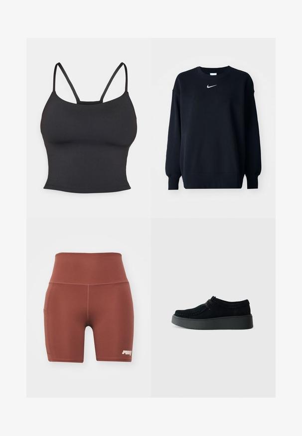Čierna mikina vyrobená z bavlnenej zmesi; rebrovaný okrúhly výstrih, dlhé rukávy a elastické manžety; s malým strieborným logom Nike na hrudi.; Čierna priliehavá tielko vyrobené z hladkej tkaniny, s tenkými ramienkami a okrúhlym výstrihom, bez ďalších vzorov alebo akcentov.; Hnedé športové šortky s priliehavým strihom a vysokým pásom, vyrobené z hladkej tkaniny. Majú bočnú kapsu a malé logo v pravom dolnom rohu.; Čierne semišové topánky s okrúhlou špičkou a hrubou gumovou podrážkou. Obsahujú prešívané detaily a šnurovanie. Nízky profil.