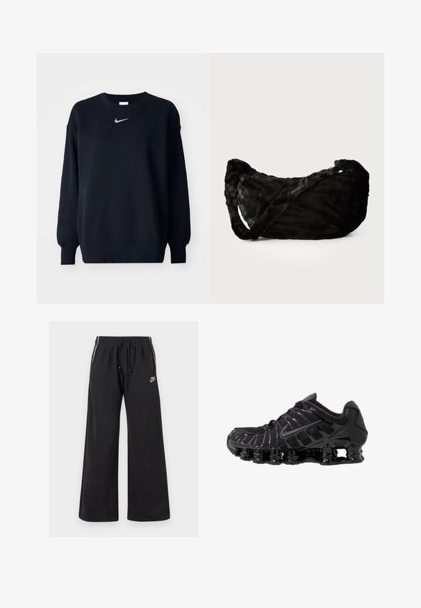 Sort sweatshirt lavet af bomuldsblanding; ribbet rund hals, lange ærmer og elastiske manchetter; har et lille sølvfarvet Nike-logo på brystet.; Sorte sweatpants lavet af blødt stof, med en elastisk talje og snøre, sidestriber og et lille logo på venstre front.; Sort atletisk sko med mesh-overdel og glatte overlays. Har buet spiralbøsningsdæmpning og strukturerede linjer på siden. Nike-logoet er synligt.; Sort stofpose med et struktureret bølgemønster, der har et snoet håndtag og afrundet form. Blødt, pelsagtigt materiale, der giver en taktil fornemmelse.