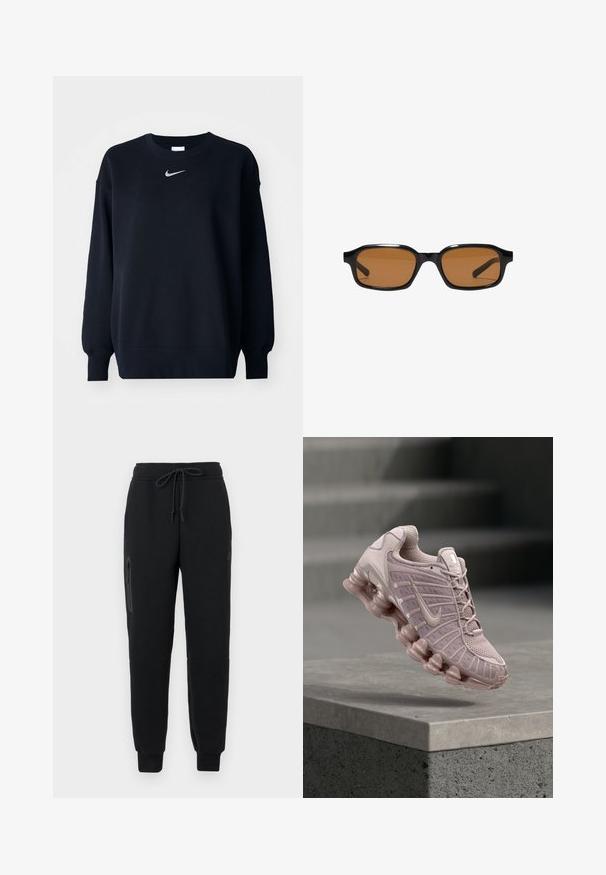 Sort sweatshirt lavet af bomuldsblanding; ribbet rund hals, lange ærmer og elastiske manchetter; har et lille sølvfarvet Nike-logo på brystet.; Sorte sweatpants med snoretræk i taljen, lynlåslomme i siden og tætsiddende nederste kant. Fremstillet af blødt, struktureret stof.; Nike Air Max-sko i lys pink med en mesh-overdel, polstret tunge og en kraftig, gennemsigtig sål med bølgedesign.; Sorte rektangulære solbriller med tykke stel og brune tonede linser, vist forfra på en hvid baggrund.