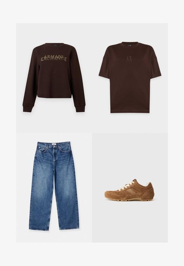 Sweat-shirt marron foncé à manches longues avec le texte "ARMANI EXCHANGE" en lettres contourées et superposées sur la poitrine.; T-shirt marron foncé à manches courtes avec col rond et petit logo en relief A|X Armani Exchange centré sur la poitrine.; Jean large bleu clair en denim, avec un design classique à cinq poches, des coutures visibles et une taille mi-haute.; Baskets en cuir suédé marron avec des lacets crème, des panneaux latéraux texturés et une semelle en caoutchouc avec des stries. Bout arrondi et design de col rembourré.
