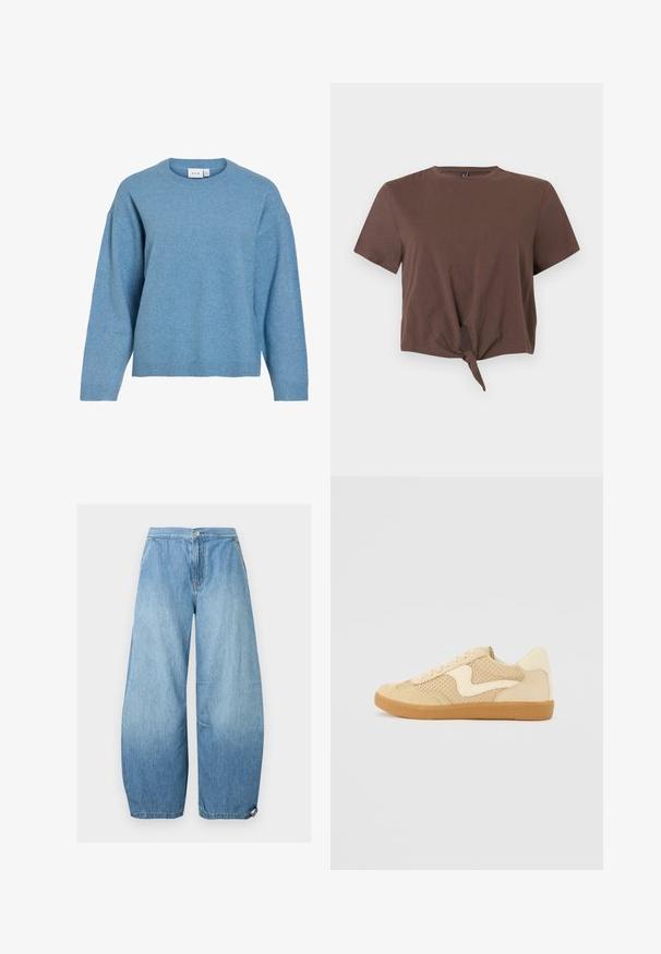 Pull bleu tricoté à manches longues avec poignets et ourlet côtelés, col rond, et étiquette de marque visible à l'intérieur du col.; Crop top marron à manches courtes, noué à l'avant, avec un col rond et un design simple sans coutures sur un fond uni.; Jean denim bleu clair à jambes larges avec poches avant, fermeture par bouton et ourlets réglables par cordon.; Sneaker beige avec des matériaux en daim et en maille, forme arrondie, col rembourré proéminent et semelle en caoutchouc gomme. Présente un accent de design en forme de vague.