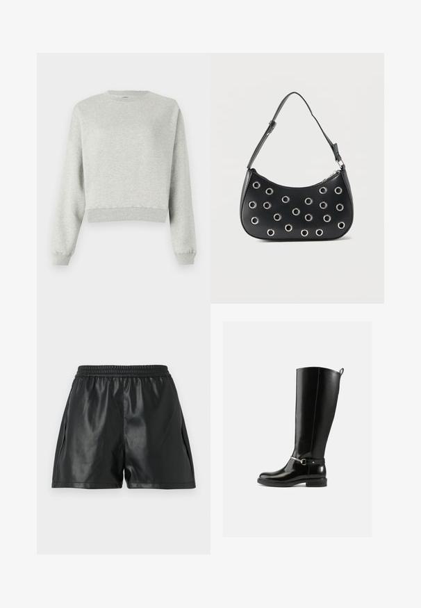 Sudadera gris hecha de un tejido suave y texturizado. Presenta un escote redondo, mangas largas y un dobladillo corto. Diseño simple, sin patrones ni acentos.; Shorts de piel sintética negra con cinturilla elástica, que presentan una textura suave y un diseño holgado. Sin patrones ni detalles visibles.; Botas negras hasta la rodilla hechas de cuero brillante, con un detalle de hebilla plateada en el tobillo y un diseño de punta redondeada. Suela plana.; Bolso de hombro de cuero negro con correa ajustable, adornos de ojales metálicos plateados y cierre superior con cremallera.