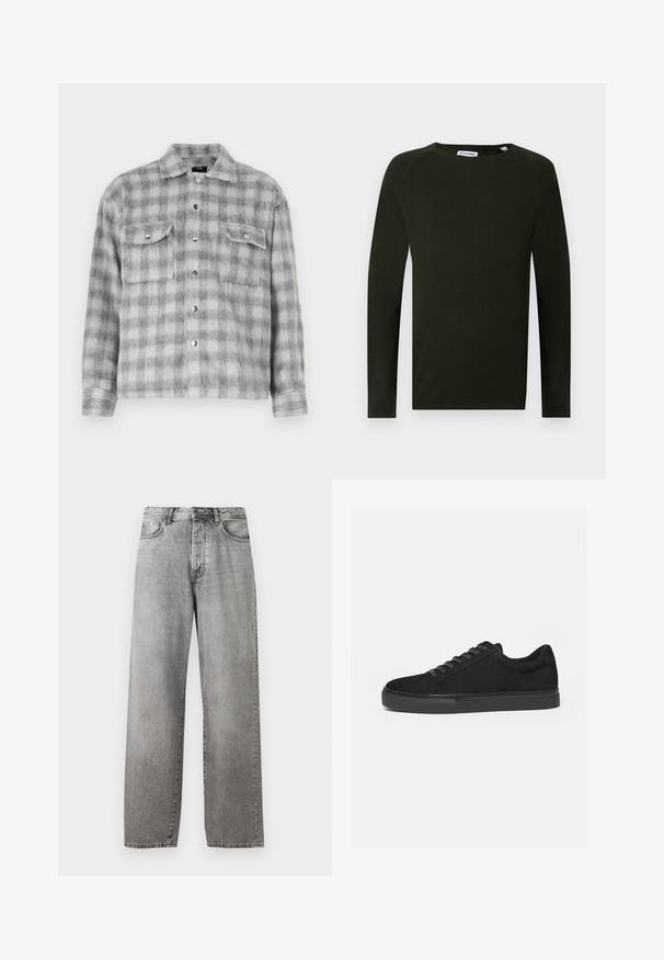 Chemise en tricot à manches longues vert foncé avec un col rond, présentant un tissu texturé et des poignets ajustés. Étiquette visible au niveau du col.; Chemise en flanelle à carreaux gris et blancs avec une texture douce, dotée d'une fermeture à boutons sur le devant, de deux poches poitrine et de manches longues.; Jeans larges gris en denim. Présente une taille haute, cinq poches et une fermeture par bouton et zip. Légère décoloration sur le tissu.; Baskets basses noires avec fermeture à lacets à l'avant et semelle en caoutchouc plate, vues de profil sur fond blanc.