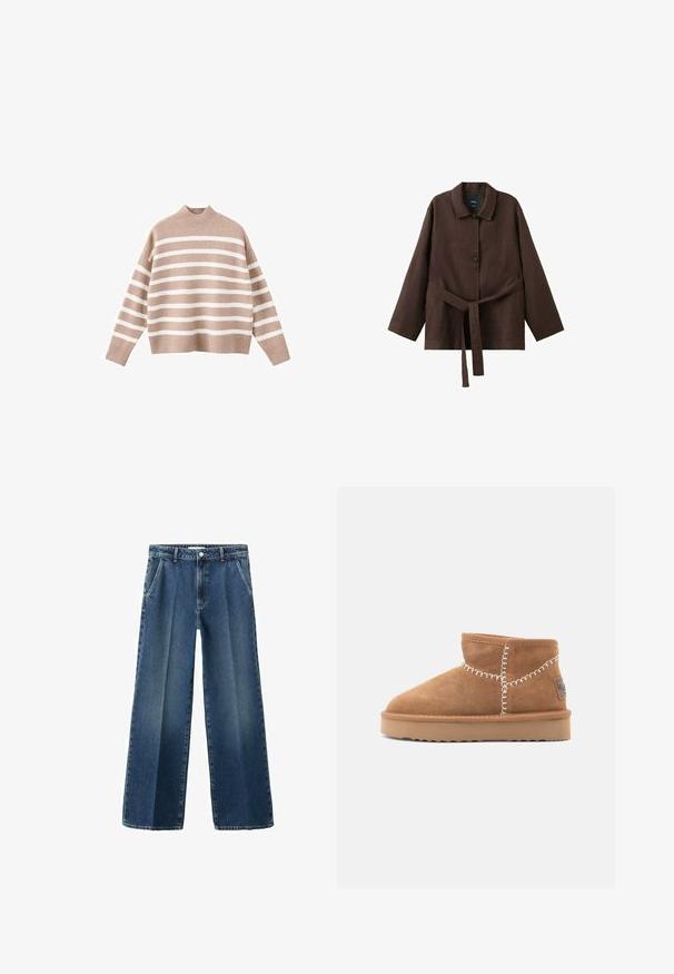 Beige stribet sweater med hvide vandrette striber, der har en ribbet høj halsudskæring og brede ærmer, lavet af blødt strikstof.; Mørkebrun langærmet jakke med krave, to knapper og et matchende bælte i stof bundet om taljen.; Bredbenede blå denimjeans med høj talje, der har forlommer, knaplukning og et let falmet mønster på stoffet.; Brune ruskinds ankelstøvler med rund tå, hvid dekorativ syning og en tan gummisål med et zigzag-mønster.