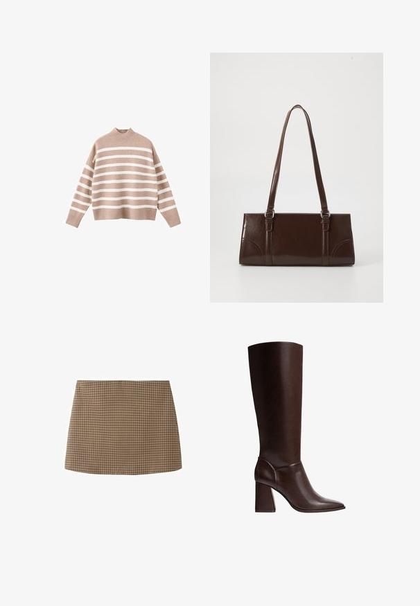 Beige stribet sweater med hvide vandrette striber, der har en ribbet høj halsudskæring og brede ærmer, lavet af blødt strikstof.; Brun og beige ternet A-formet mininederdel med et diskret gittermønster, flad front og lige kant.; Brune læderknæhøje støvler med spidse tæer og blokhæle, der har en glat overflade og et strømlinet design. Udsmykket syning ved anklen.; Brun lakeret håndtaske med rektangulær form, to lange håndtag og subtile buede detaljer på fronten.