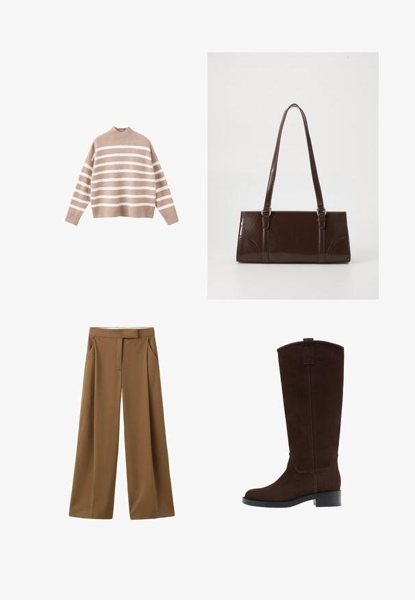 Beige stribet sweater med hvide vandrette striber, der har en ribbet høj halsudskæring og brede ærmer, lavet af blødt strikstof.; Brune bukser med vide ben lavet af glat stof, med sidelommer, flad front og en figursyet talje.; Høj mørkebrun ruskindsstøvle med lav stablet hæl og rundet tå, med en trækkemærke øverst på skaftet.; Brun lakeret håndtaske med rektangulær form, to lange håndtag og subtile buede detaljer på fronten.