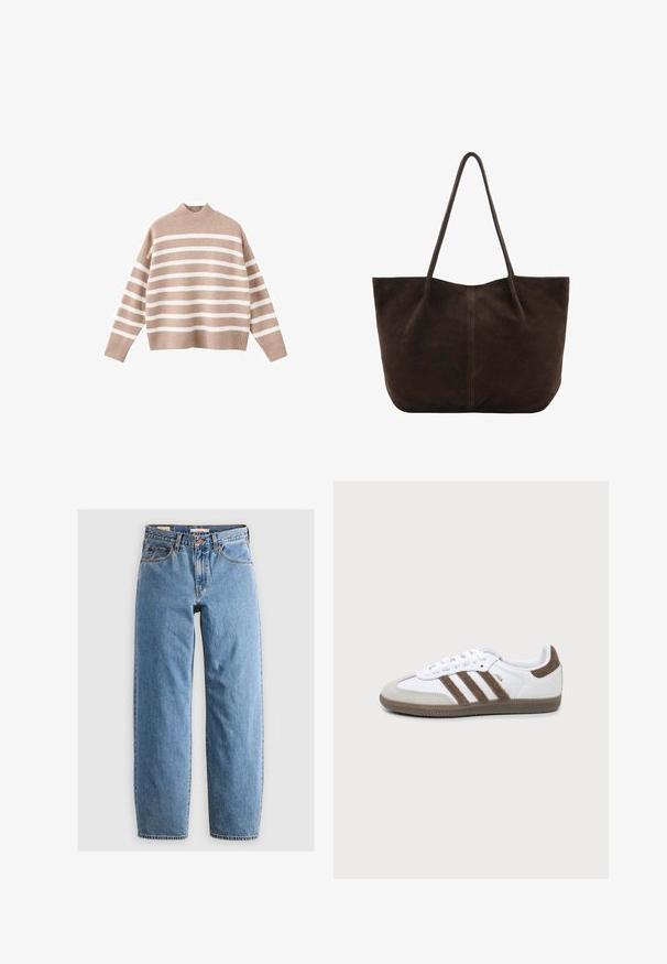 Beige stribet sweater med hvide vandrette striber, der har en ribbet høj halsudskæring og brede ærmer, lavet af blødt strikstof.; Lysblå denim jeans med lige ben-design, fem lommer, lynlås og en subtil falmet tekstur. Klassisk stil med minimal hardware.; Hvid og brun Adidas Samba sneaker med tre brune striber, snørebånd og tekstureret sål vist fra siden på en ensfarvet baggrund.; Mørkebrun ruskind shopper med tynde skulderstropper og et enkelt, ubemærket design på en hvid baggrund.