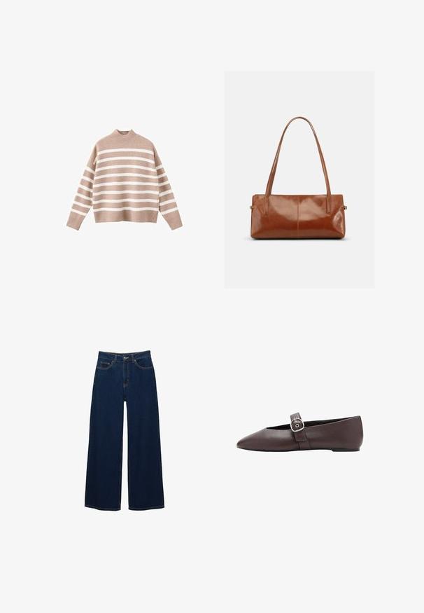 Beige gestreifter Pullover mit weißen horizontalen Streifen, ausgestattet mit einem gerippten hohen Halsausschnitt und weiten Ärmeln, aus weichem Strickstoff hergestellt.; Dunkelblaue Jeans mit weitem Bein aus Denim; mit Taschen vorne und Knopfverschluss; auffällige Nähte entlang der Nähte; keine Muster oder Verzierungen.; Brauner Ballerina mit spitz zulaufender Spitze, silberner Schnalle über dem Rist, glattem Leder und niedrigem Absatz.; Rechteckige braune Lederhandtasche mit zwei langen Schulterriemen, glattem glänzendem Finish und minimalistischem Design vor einfarbigem Hintergrund.