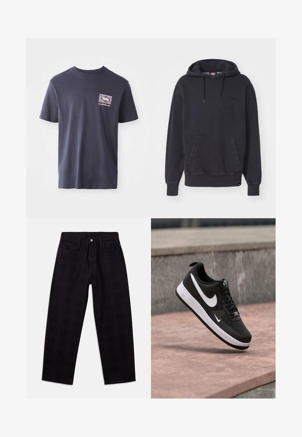 Sort hættetrøje lavet af bomuldsblandet stof, med en frontlomme i kangaroo-stil og ribbede manchetter og kant. Subtilt logo på brystet.; Marineblå bomulds t-shirt med rund hals og korte ærmer. Har et geometrisk grafisk print i lilla og hvid på venstre bryst.; Sorte denimjeans med afslappet pasform, der har knaplukning, fem-lomme-design og et subtilt teksturmønster på tværs af stoffet.; Sort-hvid Nike Air Force 1 sneaker svævende over en lyserød betonflade med en grå stenbaggrund.